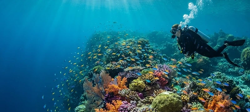 Scuba diver swimming above a colorful coral reef among tropical fish