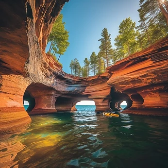 Kayaking through a sandstone sea cave