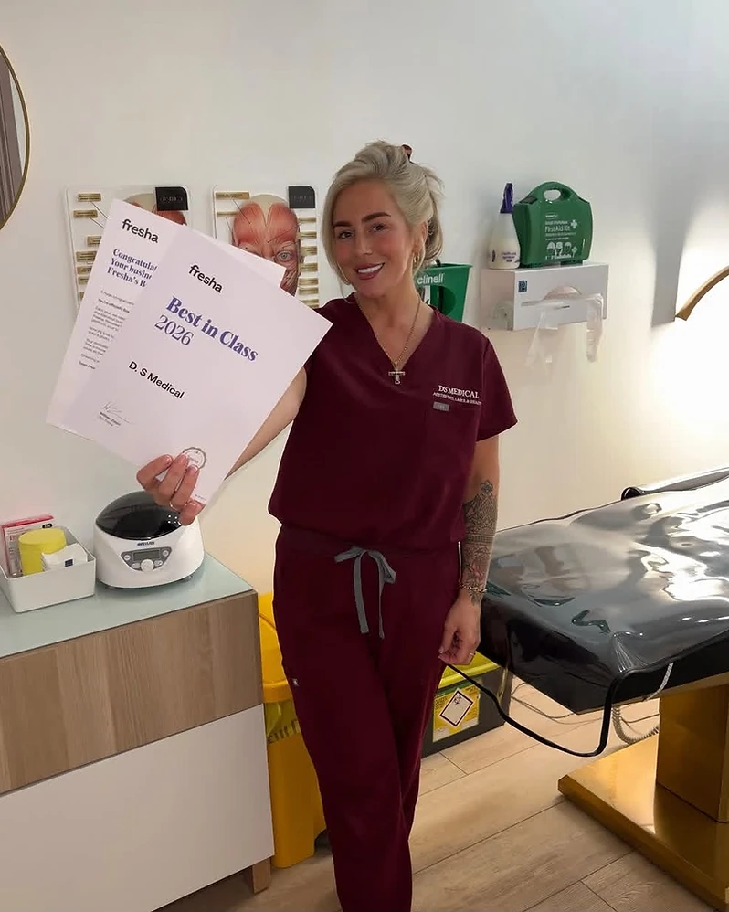 D.S. Medical aesthetic nurse practitioner holding the Fresha Best in Class 2026 award