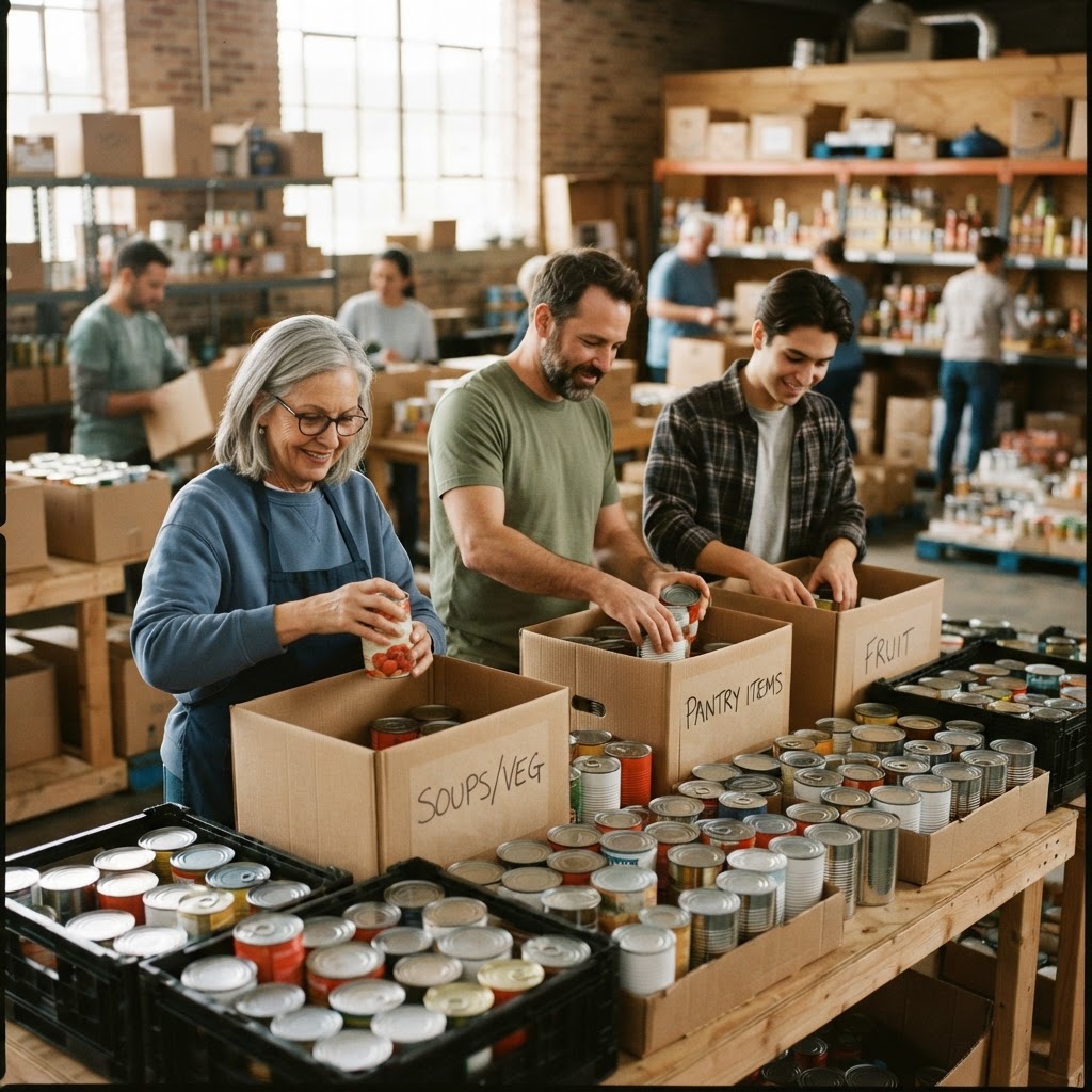 Volunteers organizing food donations at a community food bank