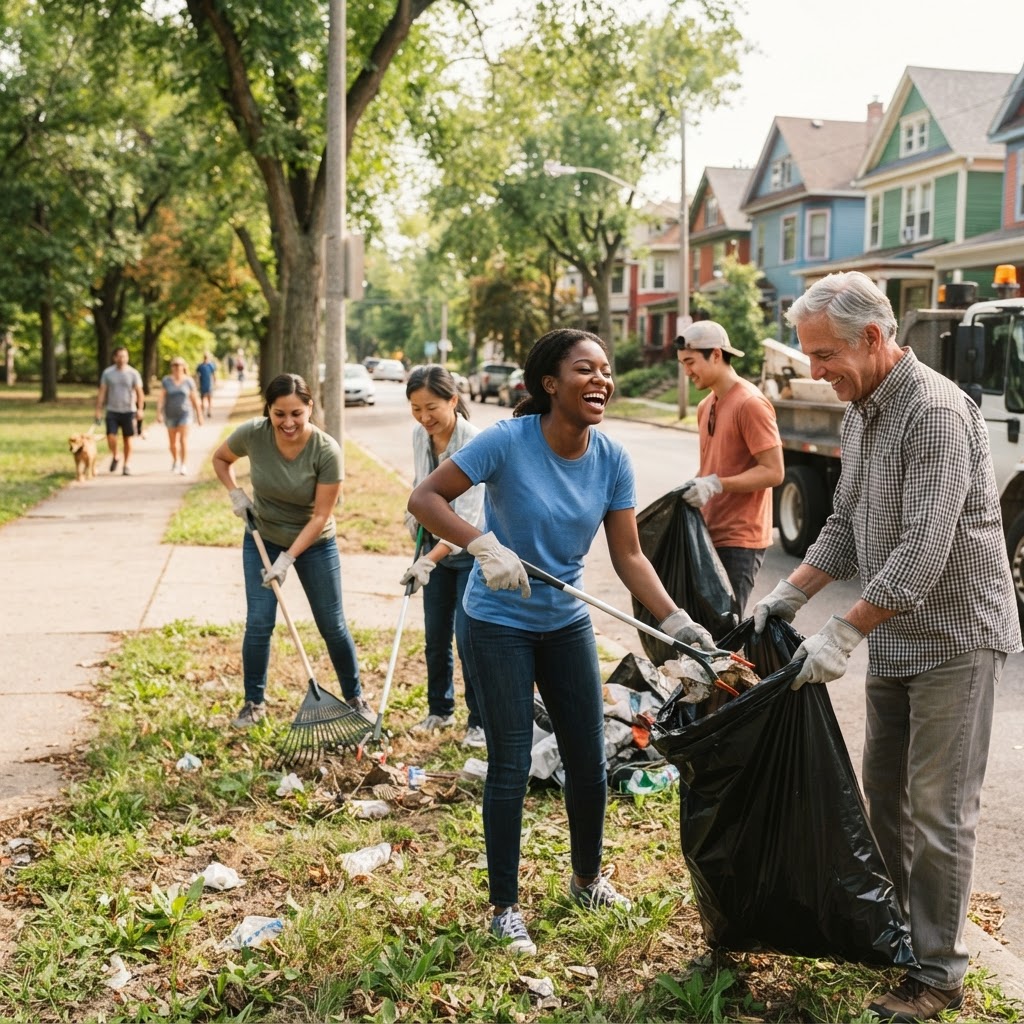 Volunteers participating in a community neighborhood event
