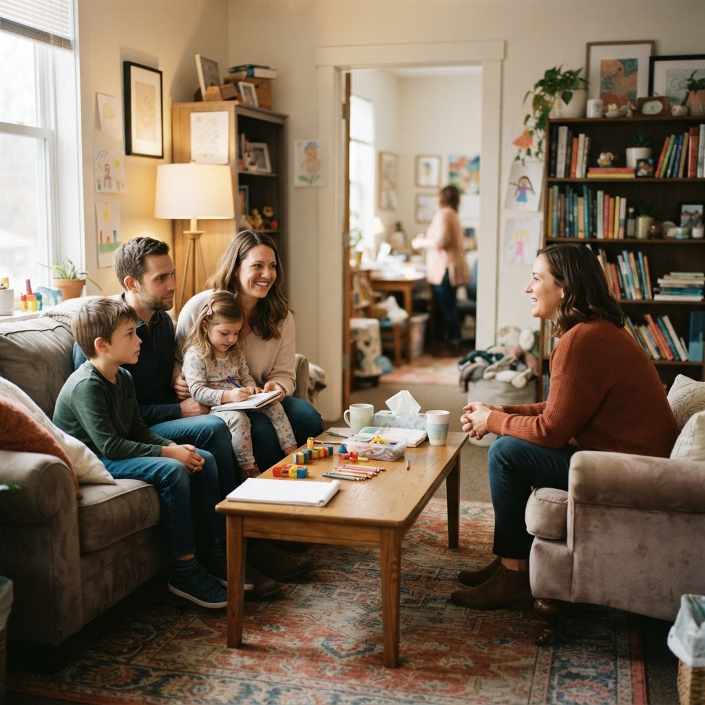 A welcoming family support center with a counselor