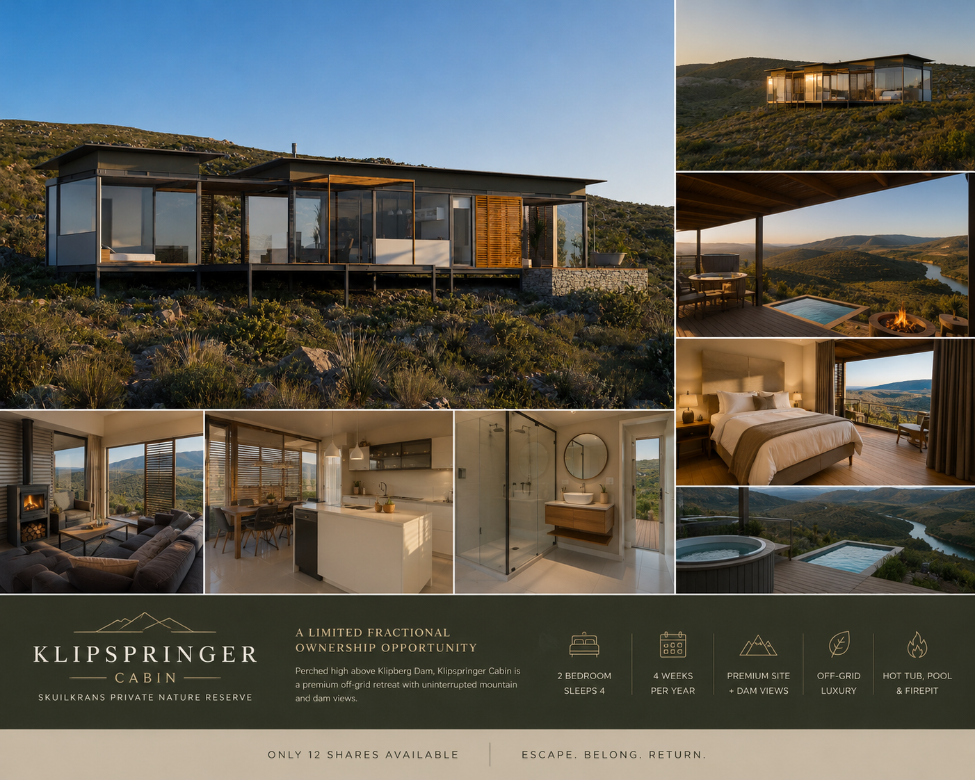 Klipspringer cabin at dusk above Klipberg Dam