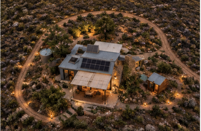 Aerial view of Owl's Nest cabin and grounds
