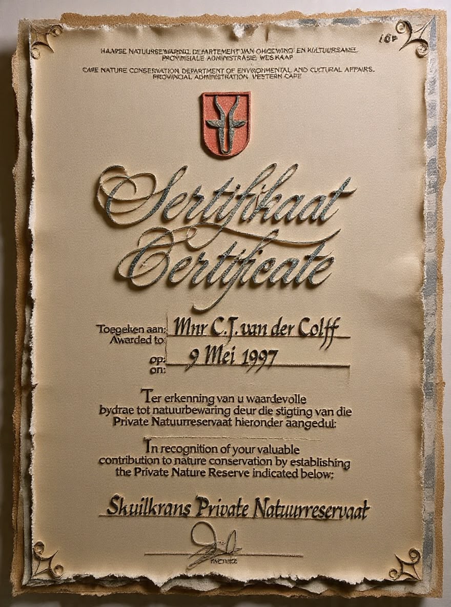 Certificate of Registration — Skuilkrans Private Nature Reserve, awarded 1997 by Cape Nature Conservation