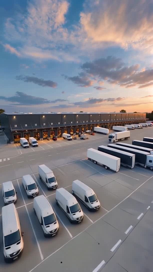 Aerial view of our distribution center at dusk, efficient loading docks and fleet readiness.