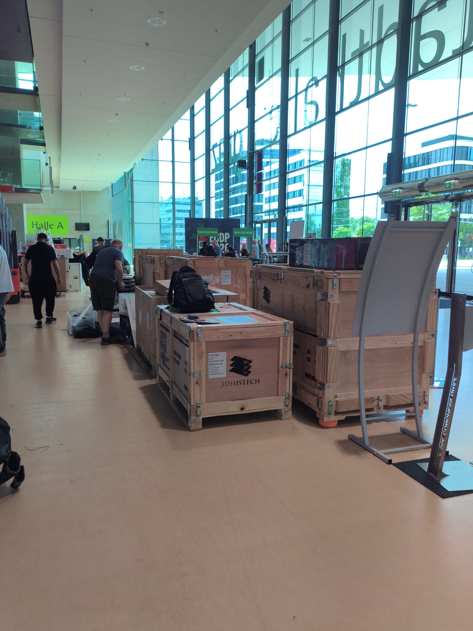 On site logistics at ECDP 2024, 3DHISTECH medical imaging equipment prepared for exhibition.
