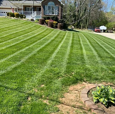 Manicured front lawn with clean mowing stripes