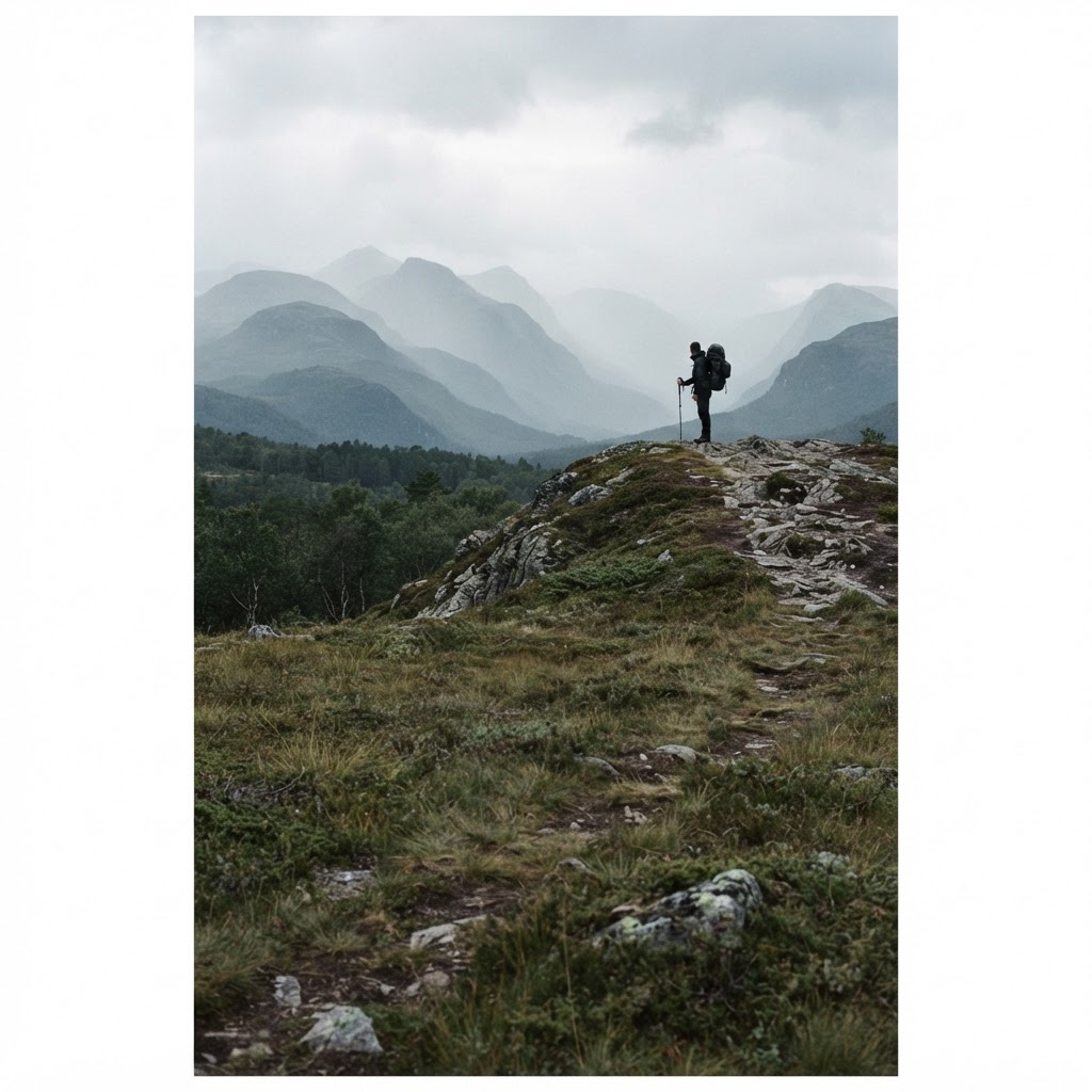 Wanderer auf einem Heidekamm vor nebligen Bergketten