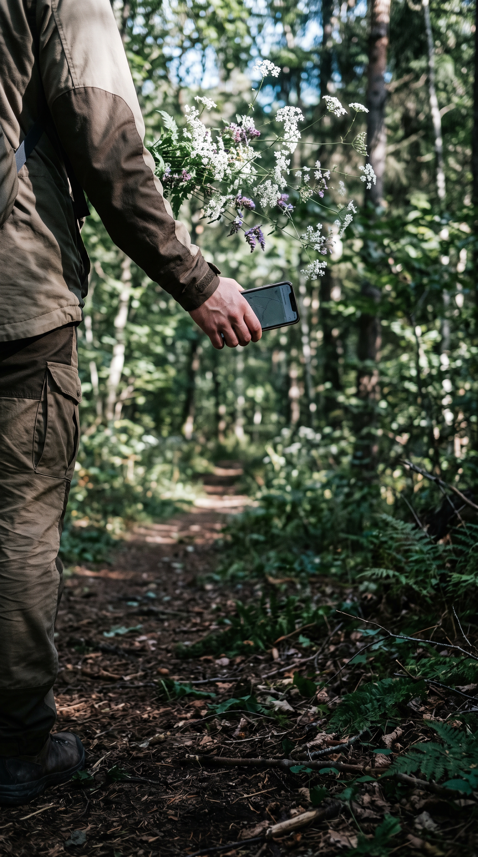 Person using a smartphone to discover wild plants along a forest path