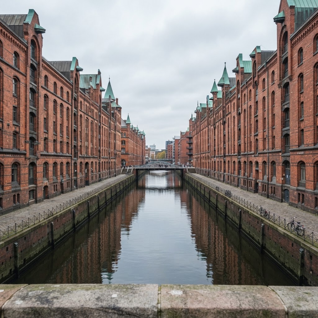 Hamburg’s Speicherstadt, with historic brick warehouses and a canal in cool daylight