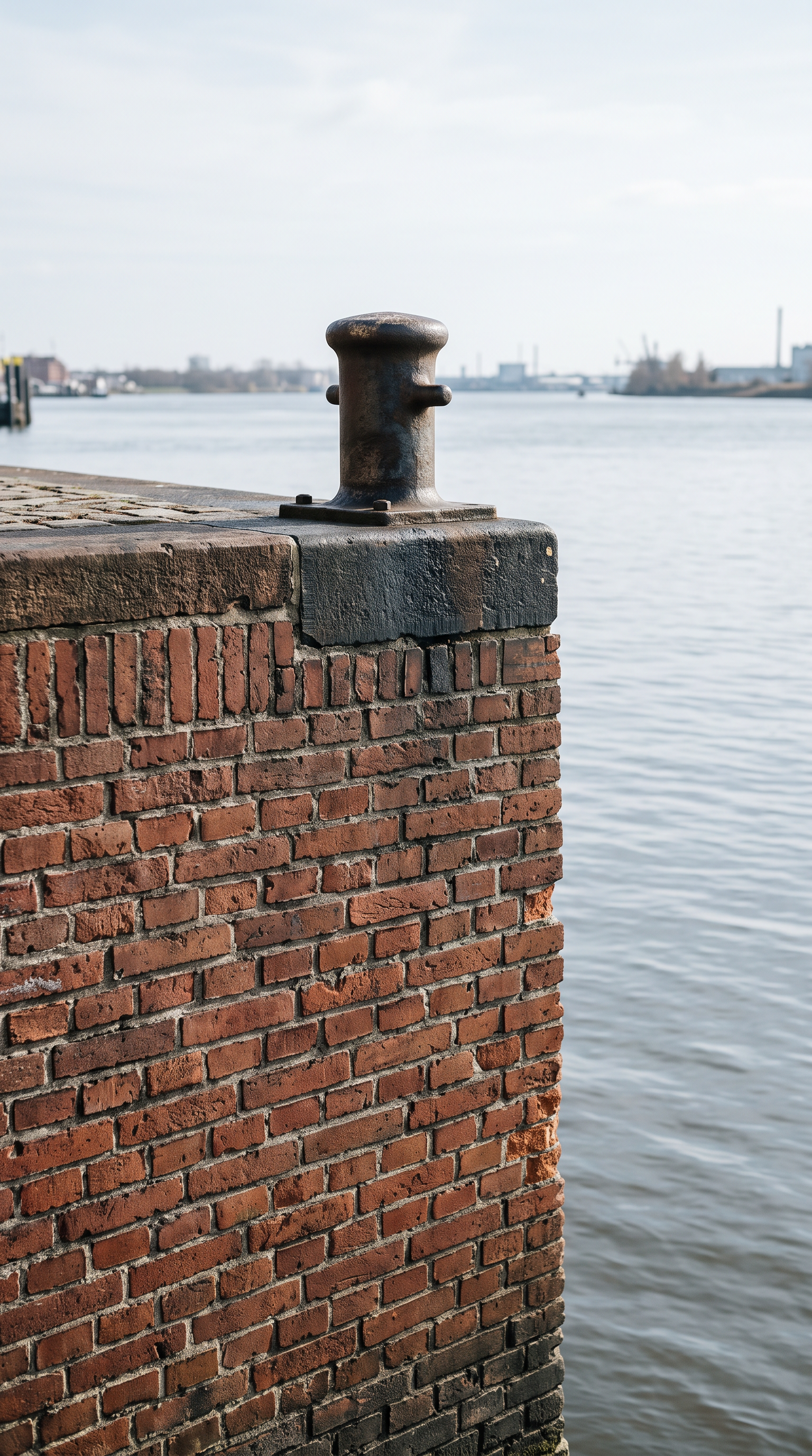 Brick quay wall with a mooring bollard on Hamburg’s waterfront