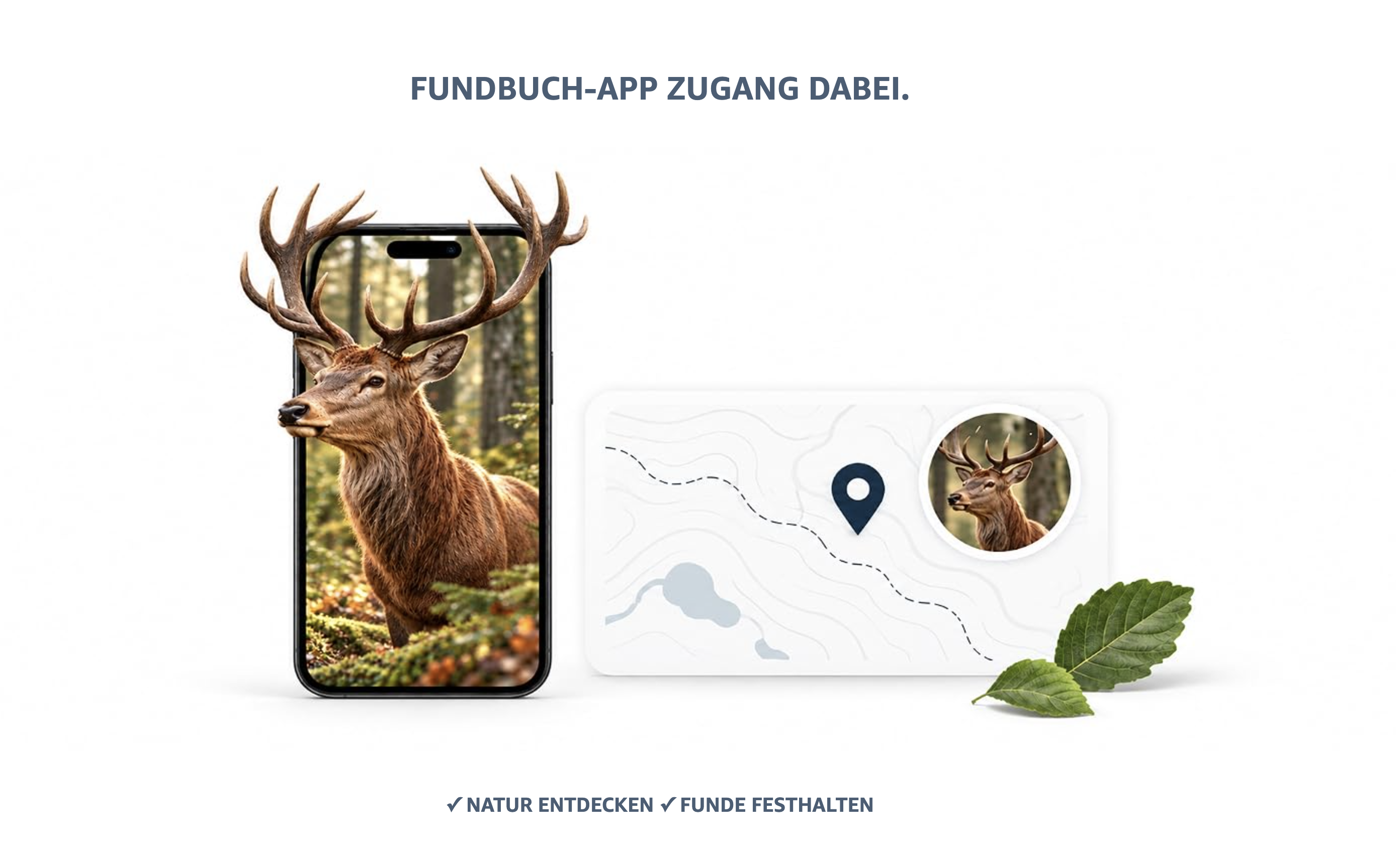 Fundbuch app with a deer on a smartphone and a sightings map