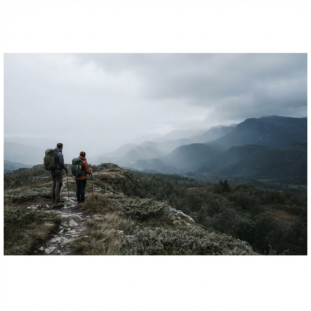 Zwei Wanderer auf einem Heidekamm vor nebligen Bergketten