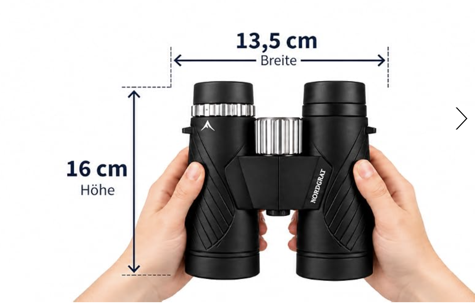 NORDGRAT binoculars: 13.5 cm wide and 16 cm high.