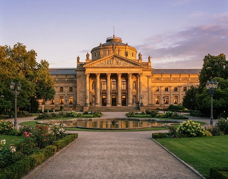 Luxuriöses Wiesbaden-Stadtmotiv mit Kurhaus und Marktkirche im goldenen Licht.