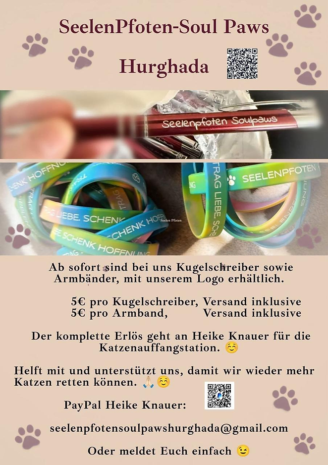 Merchandise-Flyer: Kugelschreiber und Armbänder von Seelenpfoten Soul Paws Hurghada