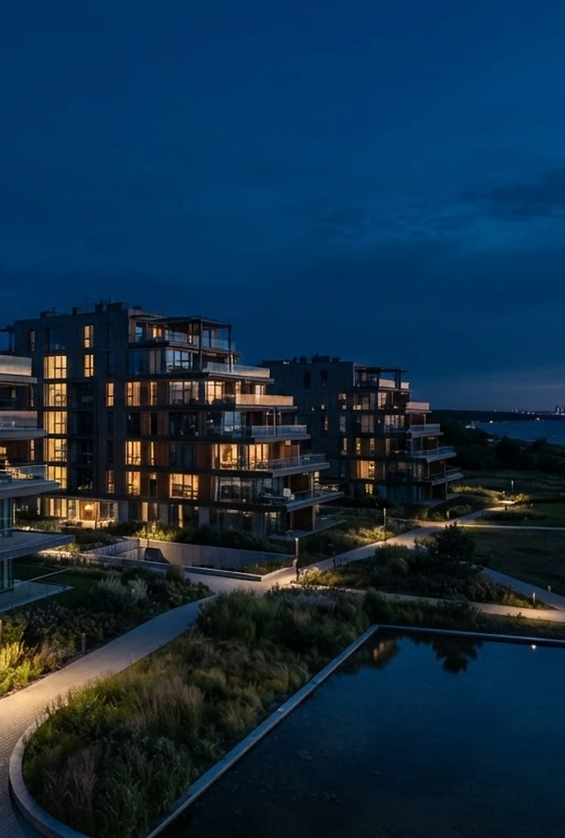 Modern Latvian residential architecture at blue hour