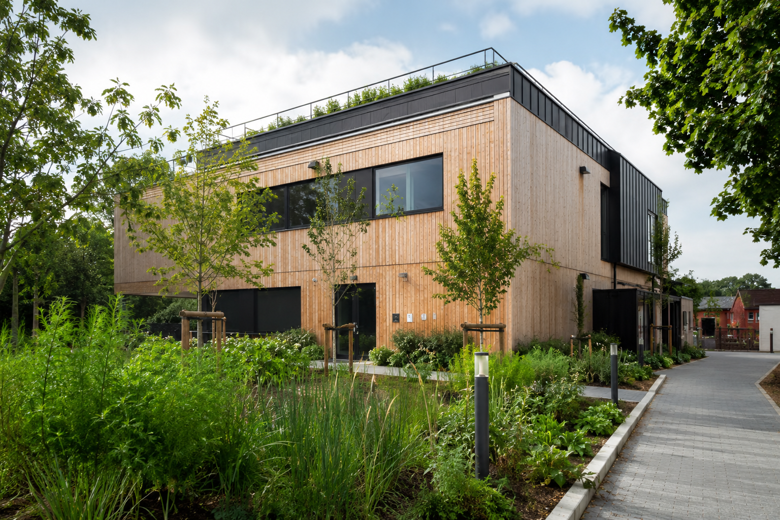 Sustainable construction - timber-clad building with green roof and landscaping by Clarks Construction