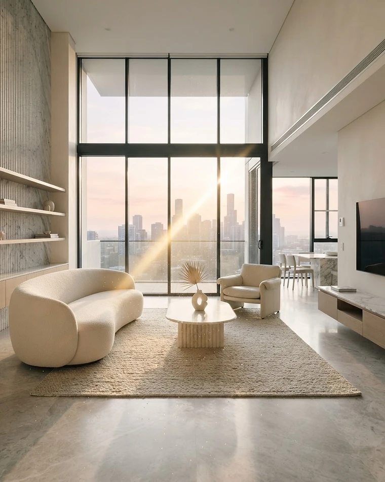 Pristine modern living space at sunrise