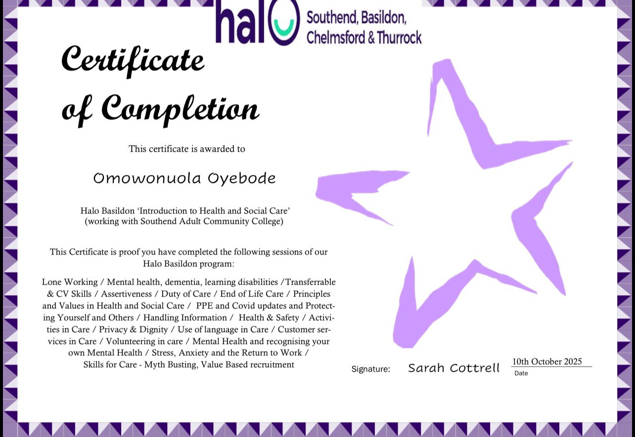 Halo Basildon — Introduction to Health & Social Care Certificate