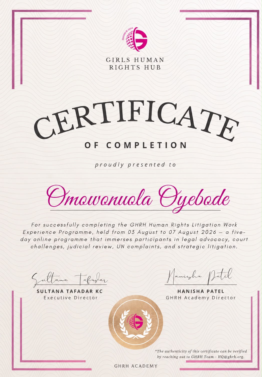 GHRH Human Rights Litigation — Certificate of Completion