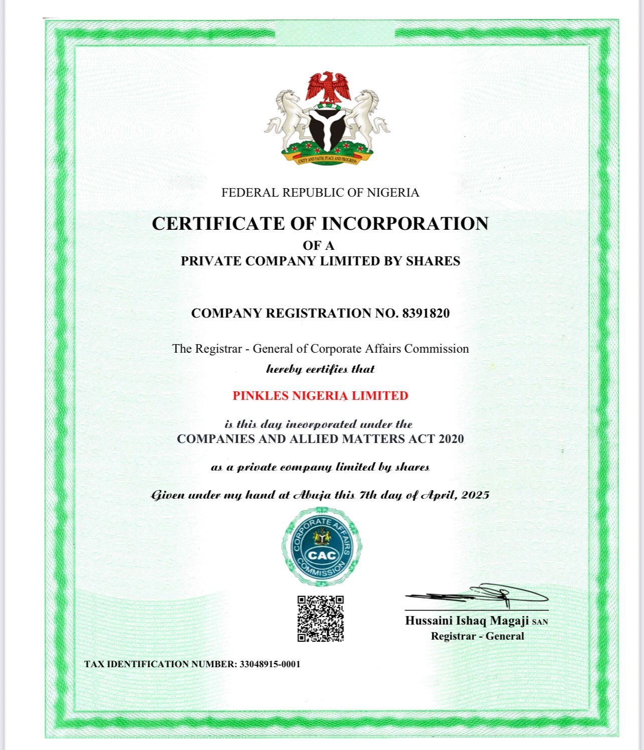 CAC Certificate of Incorporation — Pinkles Nigeria Limited (RC 8391820)