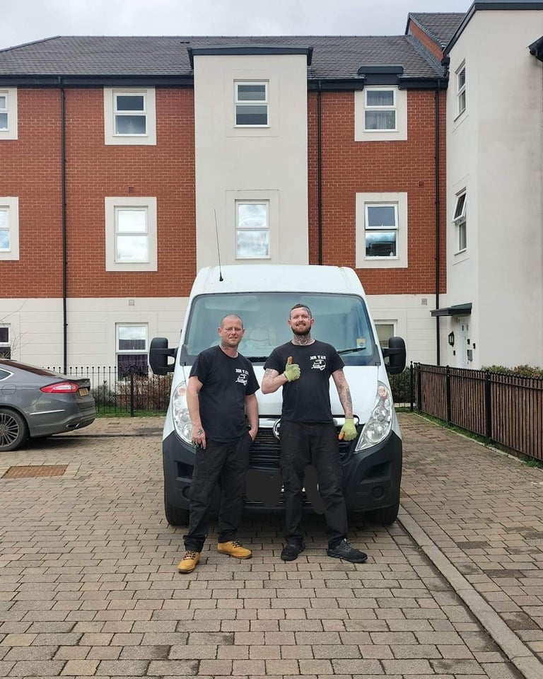James and Jim, the MR VAN Removals and Clearance two person team, stood with the company van in Worcester