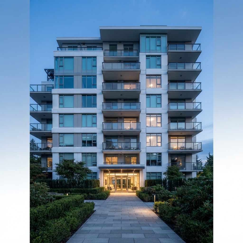 Moderne Wohnanlage mit gepflegter Fassade bei Sonnenaufgang