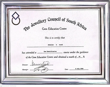 Gem Identification certificate — Abdullah E Areff, Jewellery Council of South Africa, 1994