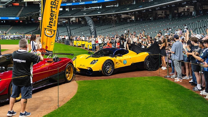 Pagani hypercar reveal on the Daikin Park warning track during the All-Stars Car Show