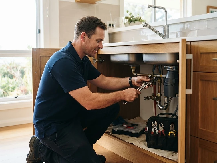 Professional plumber working beneath a kitchen sink in a Newcastle home
