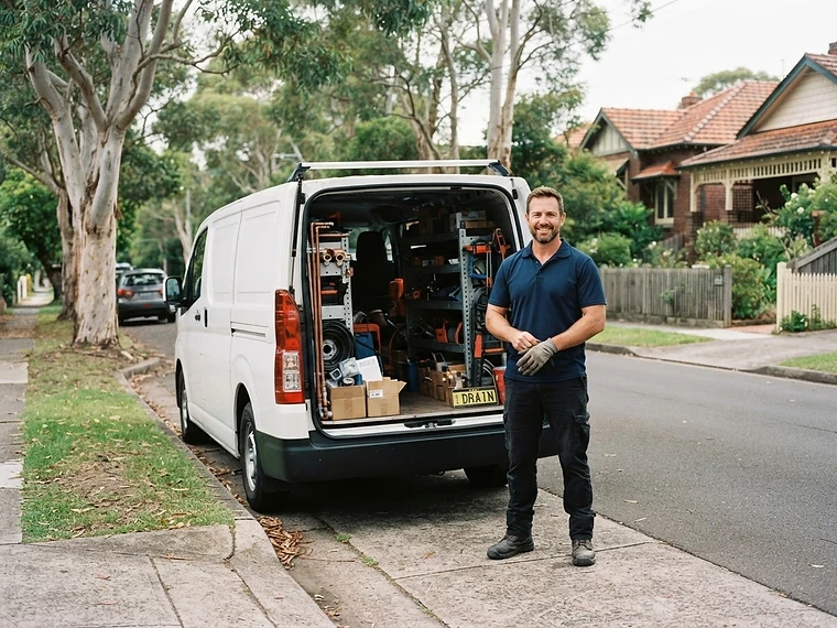 Local plumber beside a service van on a Newcastle residential street