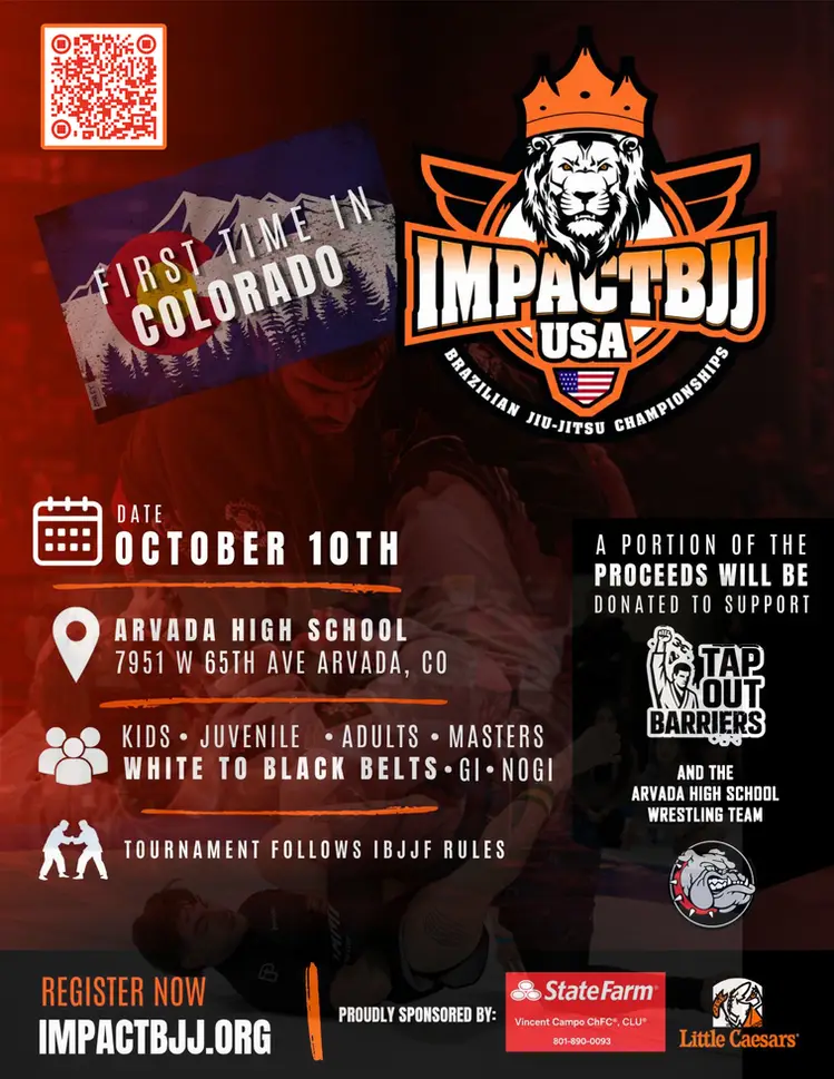 Official event poster for the Colorado Impact BJJ Championship, October 10, 2026 at Arvada High School.
