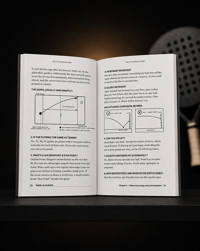 The Little Book of Padel open at pages 22–23, chapter 3 'Rules and scoring, minus the headache', with a serve diagram and glass-or-fence explainer