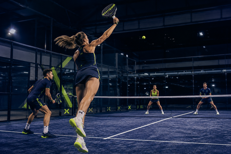 Four padel players mid-rally on a floodlit court, seen from behind the back glass