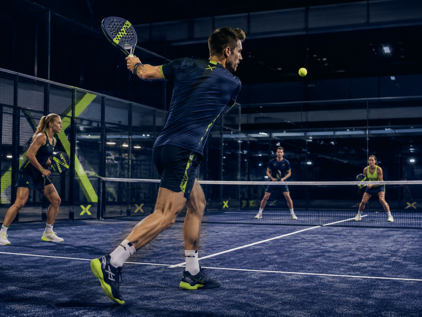 A padel match with the tracked player ringed in lime