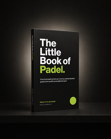 The Little Book of Padel paperback by Ross Thornley standing upright in a studio shot, lime and dark navy cover