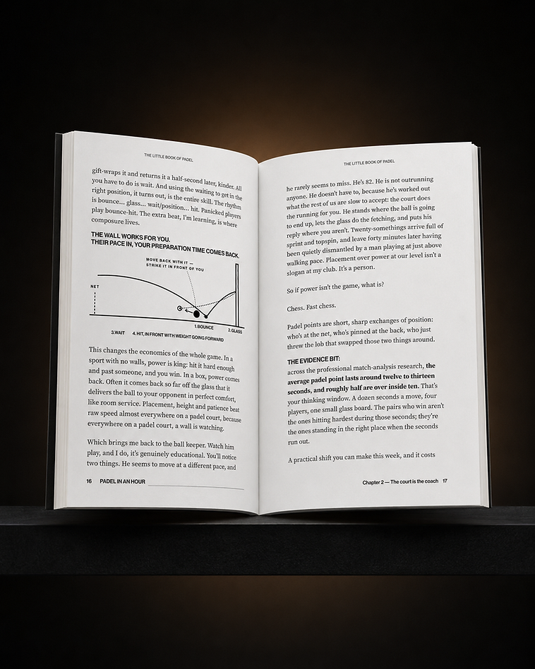 The Little Book of Padel open at pages 16–17, chapter 2 'The court is the coach', with a diagram showing how the back glass buys you preparation time