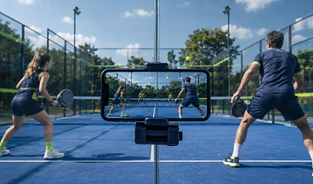 Phone mounted in landscape behind the back glass filming the whole padel court
