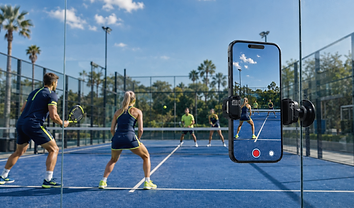 Phone mounted in portrait on the glass, cropping most of the padel court out of frame