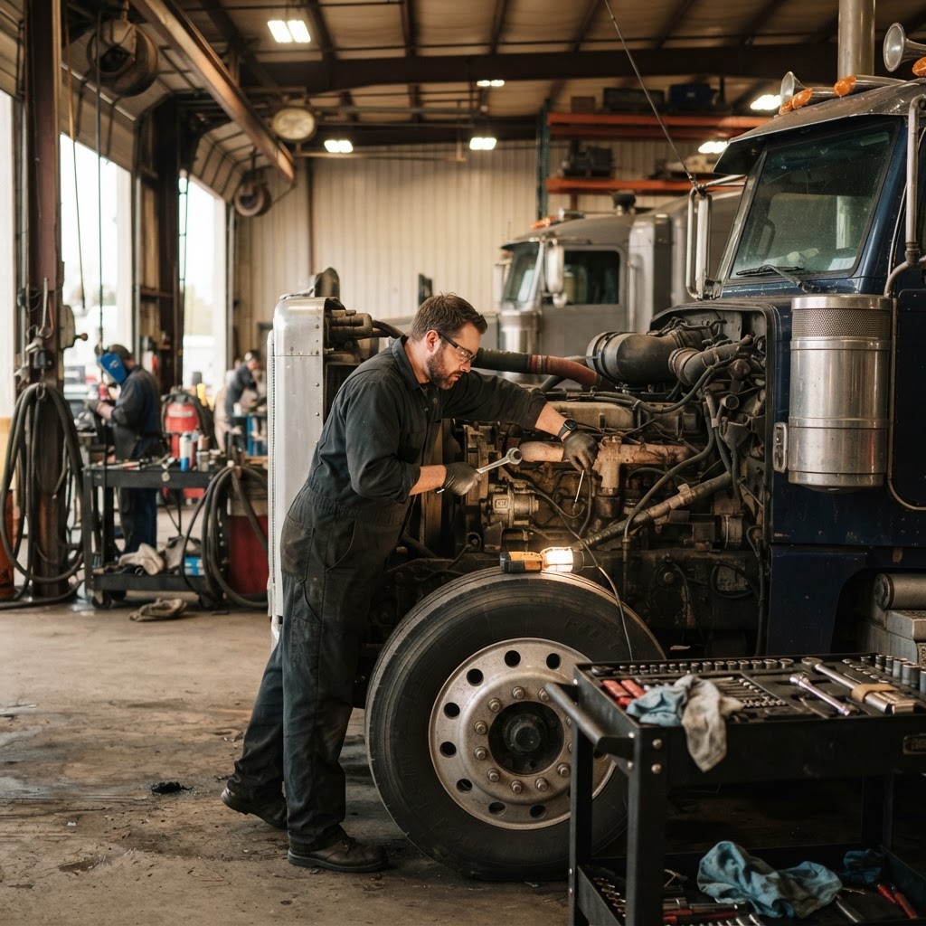 Technician servicing a heavy duty truck