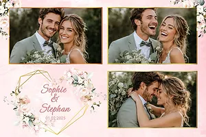Pink wedding photo collage with a geometric gold frame and flowers