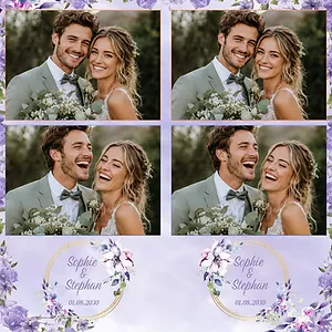 Purple wedding photo strip with two pictures and a floral wreath