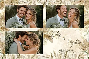 Wedding photo collage with three couple photos and beige grasses