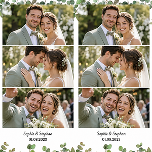Hochzeits-Fotostreifen mit drei Bildern und grünem Blätterschmuck