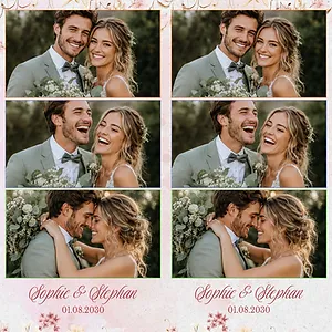 Pink wedding photo strip with flowers and three pictures