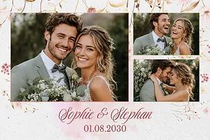 Wedding photo collage with a large couple photo and a delicate floral frame