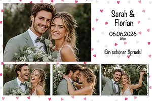 Wedding photo collage with pink hearts and space for names and date