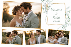 Hochzeitscollage mit vier goldgerahmten Bildern und Zweigen